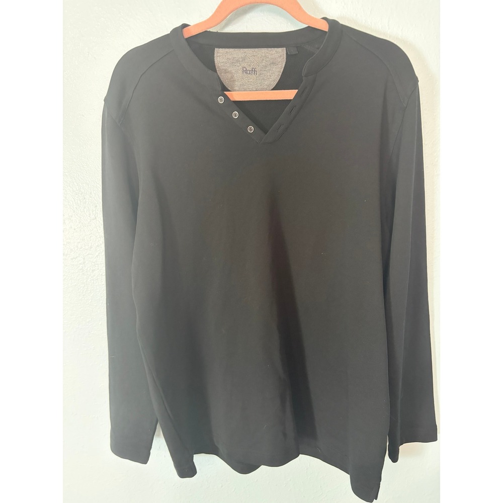 Raffi Mens Black 100% Cotton Long Sleeve Henley Shirt Large Luxury Minimalist